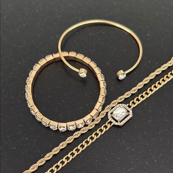 Set of 4 Gold Tone Bracelets with Rhinestones – Cuff, Tennis, Chain, Stretch - Picture 10 of 10